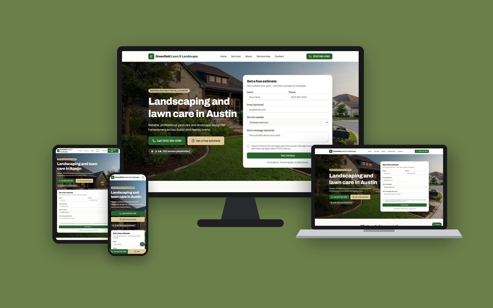 Sample website design for Greenfield Lawn & Landscape, a fictional landscaping company, on desktop, laptop, tablet and phone